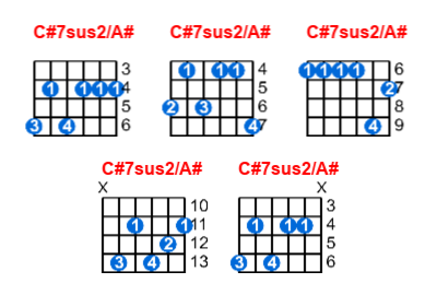 Hợp âm guitar C#7sus2/A# và các thế bấm